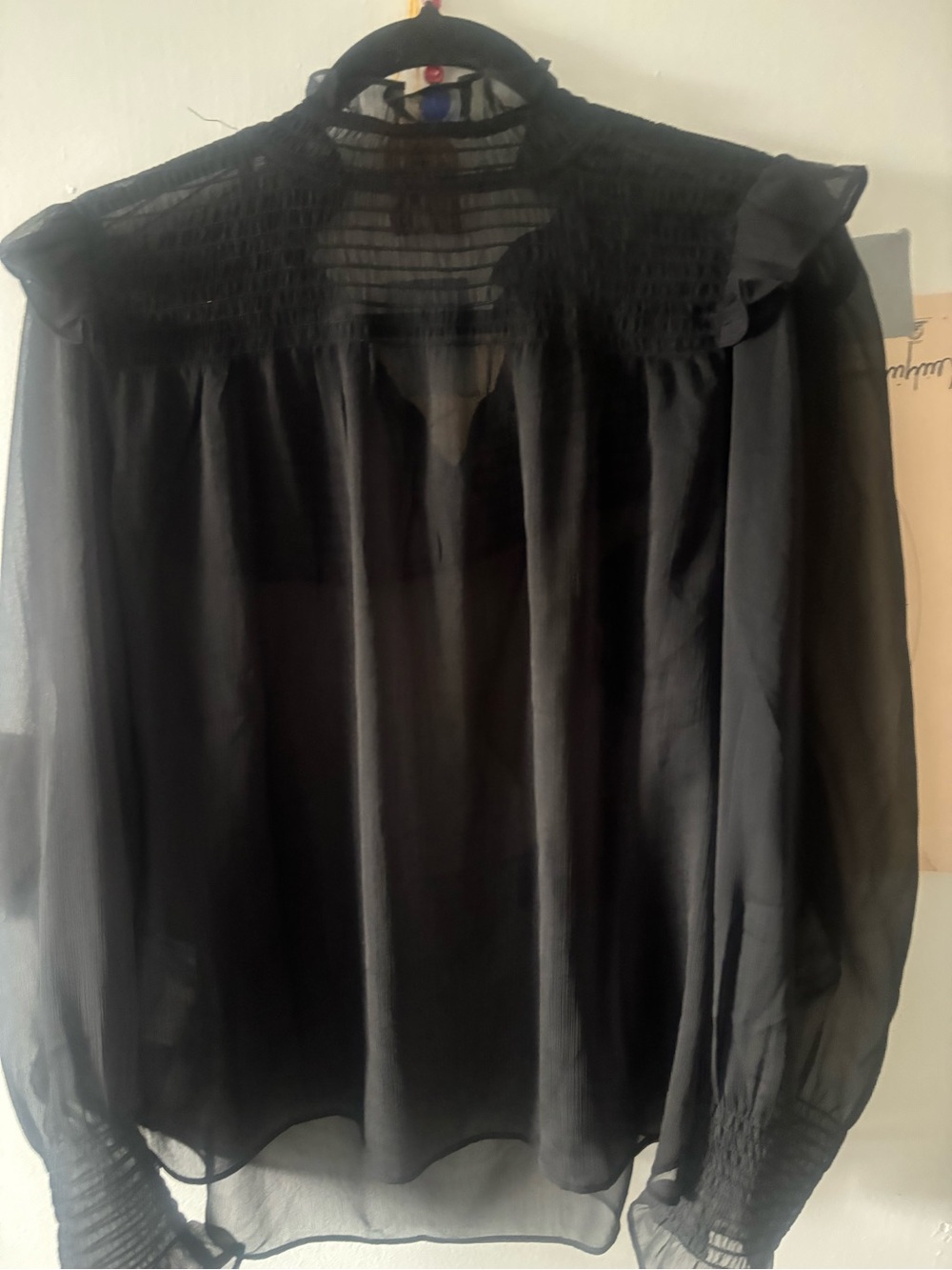 BCBG Sheer Black Ruffle-Trim High Neck Blouse - Picture 4 of 7